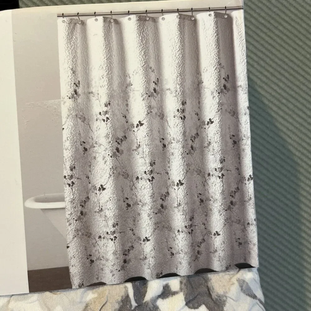DKNY Wallflower Microsculpt Fabric Shower Curtain Floral Shades Of Gray New